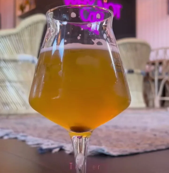 Bière artisanale en verre tulipe devant le néon rose